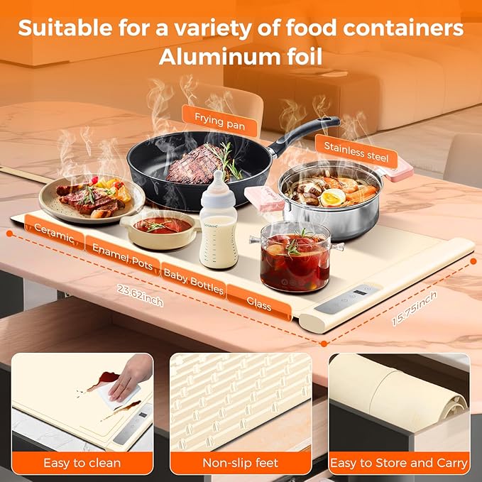 Warming Mat for Food | Max Temp 248℉,Electric Warming Tray with Timer and 8-Level Adjustable,Fast Full-Surface Food Heating Mat with Child Lock,Roll-Up & Portable Silicone Food Warmer for Buffet Party