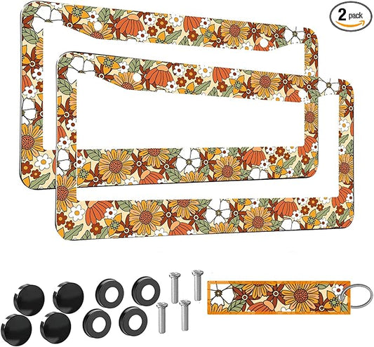 2pcs Retro Sunflower and Wild Flowers Floral License Plate Frame for Women, Inspirational Vintage Sunflower Floral car Decorative tag Frames Girly, Cottage Daisy Boho theam License Plate Cover Holder
