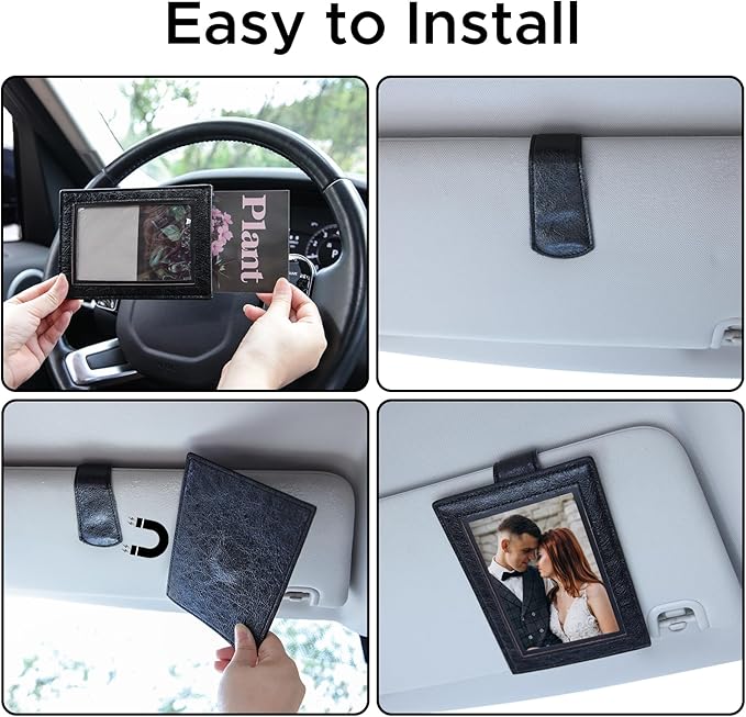 KINIVA 2 Pack Car Picture Holder - Magnetic Faux Leather Picture Frame for Safe Driving - Gift for Dad Mom Husband Wife Car Visor Accessories, Car Accessory (Fits 2.5"x3.5" Photos) (Black)