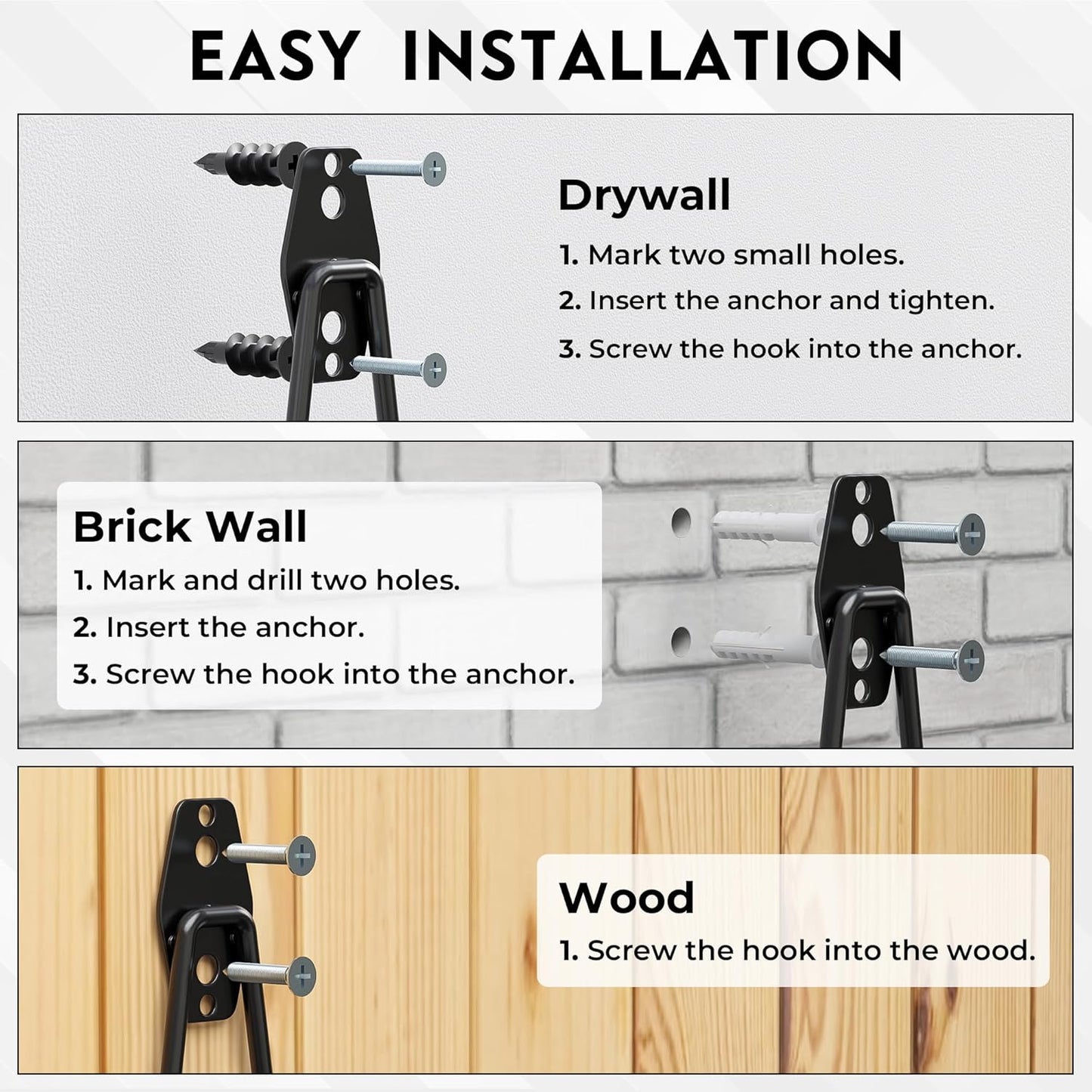 BONTEC 16 Pack Heavy Duty Garage Hooks, Steel Wall Mount for Garage Organization, Ladder & Bike Hooks, Garden Hose Holder, Tool Hangers, for Home, Workshop & Storage (Black)