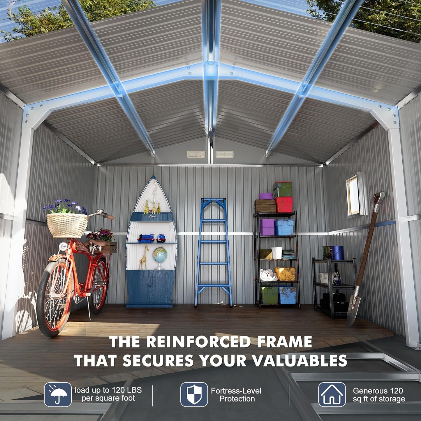 10x12 Metal Shed with Floor Frame Kit & Reinforced Construction - Translucent Roof Panels for Natural Light, Lockable Doors, Vents and Windows | Weatherproof Outdoor Storage for Garden/Backyard/Patio