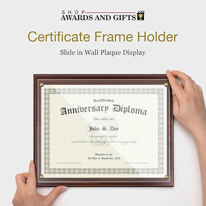 SHOP AWARDS AND GIFTS 8.5 x 11 Certificate Frame Holder, Slide in Wall Plaque Display, 10.5 x 13 Inch Board, Multiple Colors (Walnut)