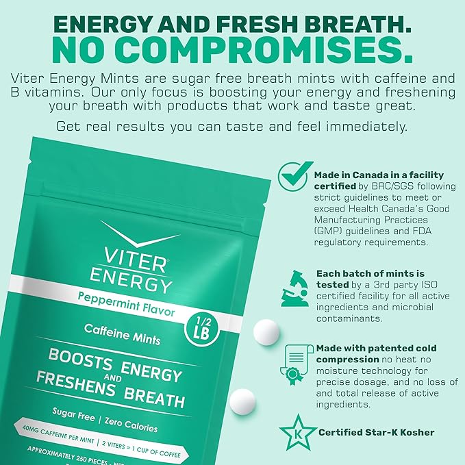 Viter Energy Caffeinated Mints 40mg Caffeine, B Vitamins, Sugar Free. (Peppermint, 8oz, Bulk Bag)