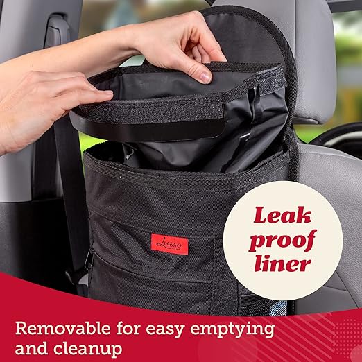Lusso Gear Car Garbage Can - 2.5 Gal, Black Oxford - Leakproof & Waterproof Hanging Auto Trash Can with Removable Liner & Mesh Pockets - Boat Waste Container & Travel Organizer