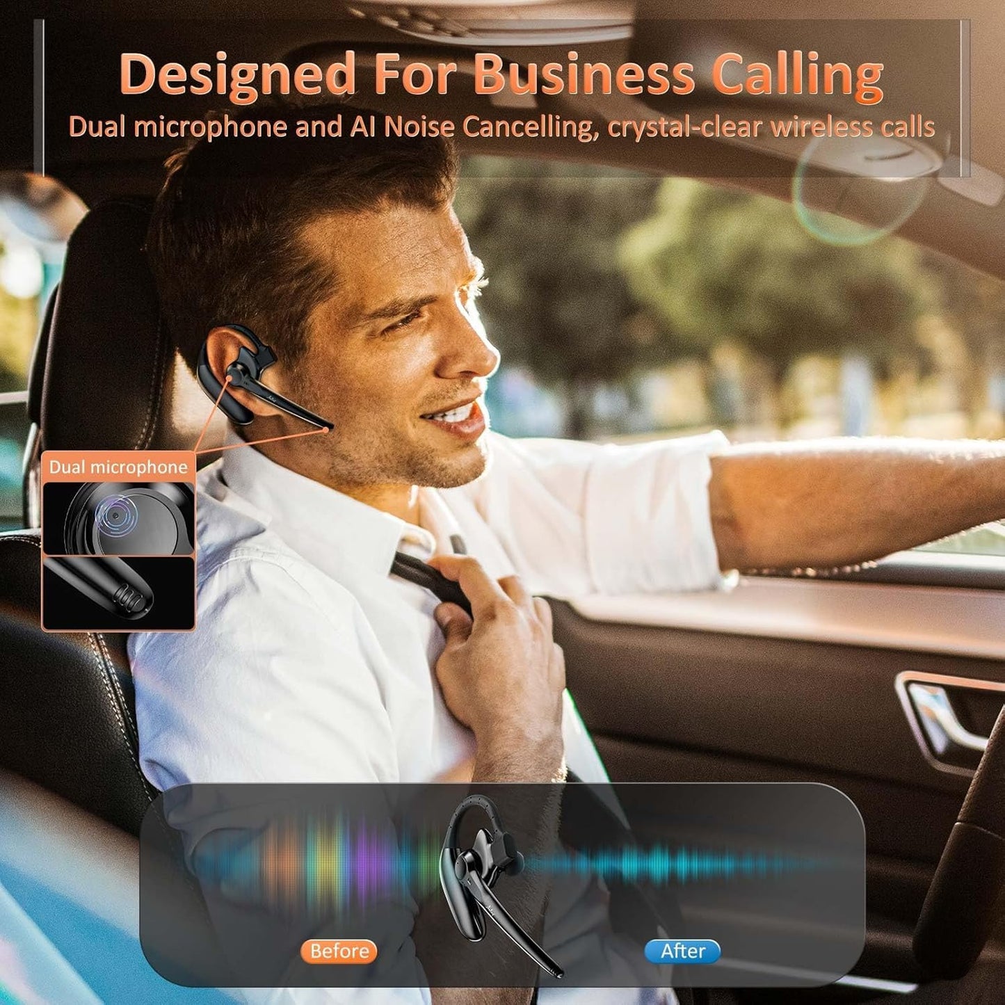 Wireless Bluetooth Headset with AI Noise Cancelling, 30Hrs Talk Time & Ultra Comfort - Hands-Free Earphones for Truck Drivers, Office, Home (V5.3)