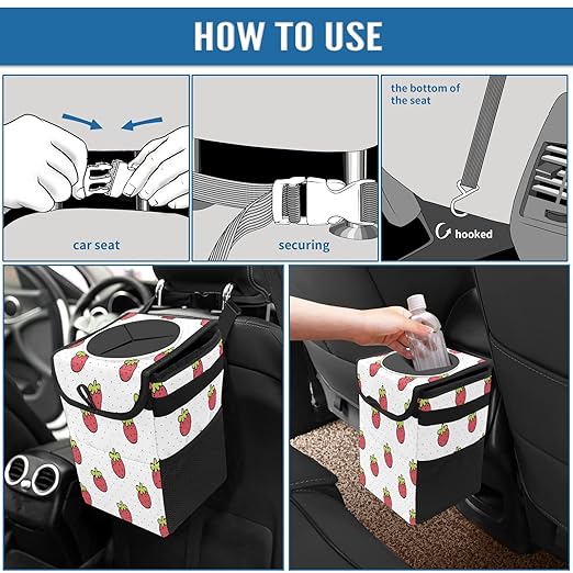 Car Trash Can Lovely Strawberry Auto Garbage Bag Car Trash Can with Lid Leak-Proof Car Storage Bag Garbage Bag Hanging for Headrest Collapsible and Portable with Storage Mesh Pocket