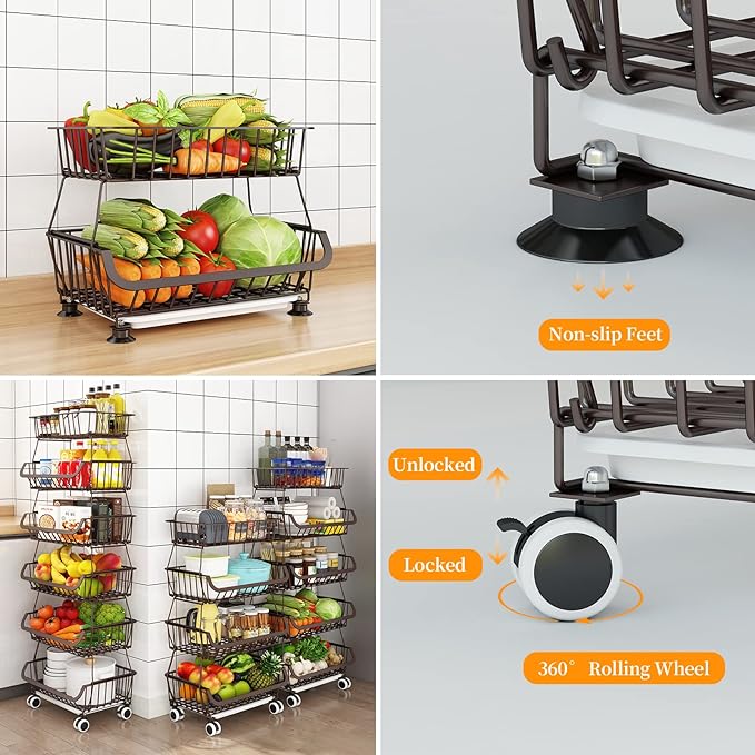 Fruit Vegetable Storage Basket for Kitchen - 4 Tier Stackable Metal Wire Baskets Cart with Rolling Wheels Utility Fruits Rack Produce Snack Organizer Bins for Pantry Bathroom Laundry Bronze