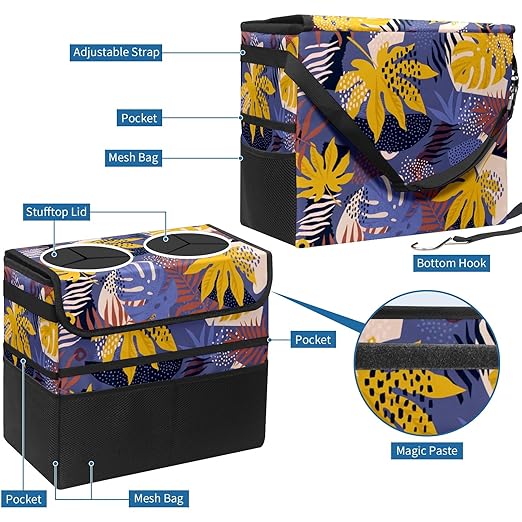 Car Trash Can Purple Palm Leaves Large Storage Garbage Can with Lid Hanging for Back Seat Leakproof Automotive Vehicle Trash Bin