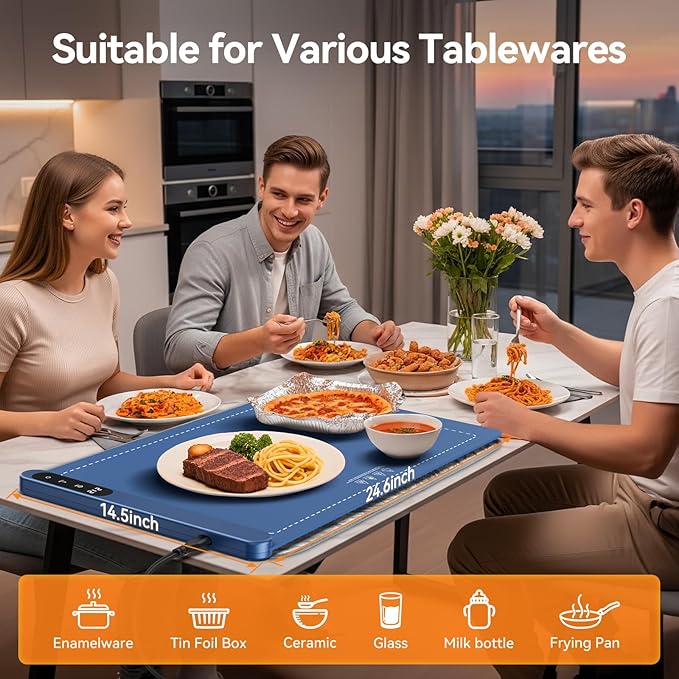 Warming Mat for Food, Silicone Heating Mat with 6 Temperature Levels, Fast Full Surface Heating, Portable Roll Up Electric Warming Tray with Heat-Resistant Pad, Heat Pad for Buffet Parties, Blue