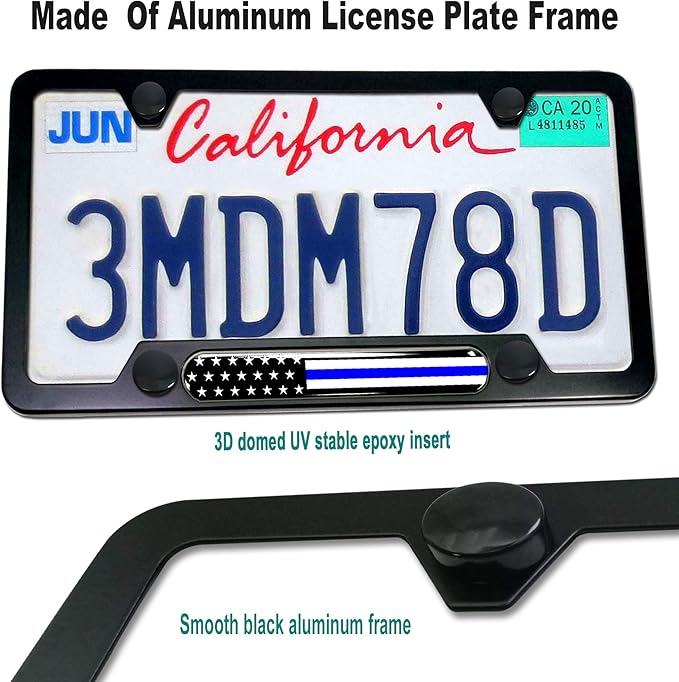 Aootf Police Thin Blue Line License Plate Frames- 2 Pack American Flag Matte Black Aluminum Patriotic Car Tag Cover Holder with Mount Screw Caps, Car Accessories for Officers Men Law Enforcement