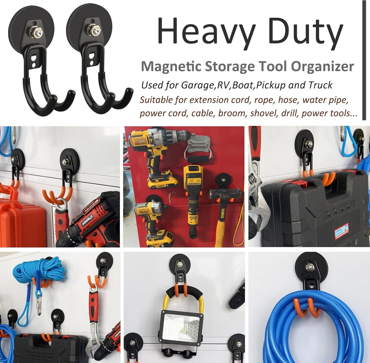 ULIBERMAGNET Garage Magnetic Hooks, 4 Pack Black Heavy Duty Large J Hooks with Magnet, Black Strong Anti-Slip Coating Magnet Hooks for Garden Tools, Ropes,Drill,Metal Cabinet,Pegboard