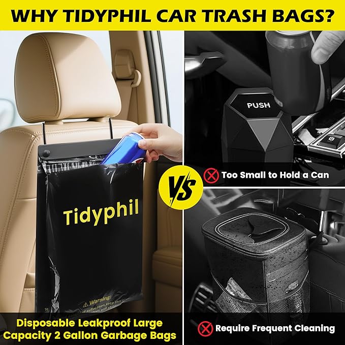 50 PCS Disposable Car Trash Bags Hanging, Leak-proof, Odor Seal. Strong Car Garbage Bags, 2 Gallon Big Capacity. Independent of Car Trash Can, Easy Stick-On Car trash Bin for Car, Stroller, Camping