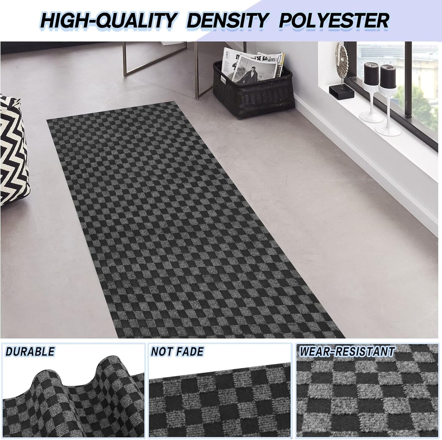 Custom Size Backed Non-Slip Area Rugs Runner, Easy Clean, Waterproof Runner Rugs for Hallway Entryway, Kitchen, Laundry, 3FT x 64FT, Gray Checkered