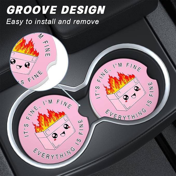 Car Cup Holder Coasters, 2 Pack Universal Auto Anti Slip Insert Coaster with A Finger Notch, Cup Mat for Most Car Interior, Pink Cute Dumpster