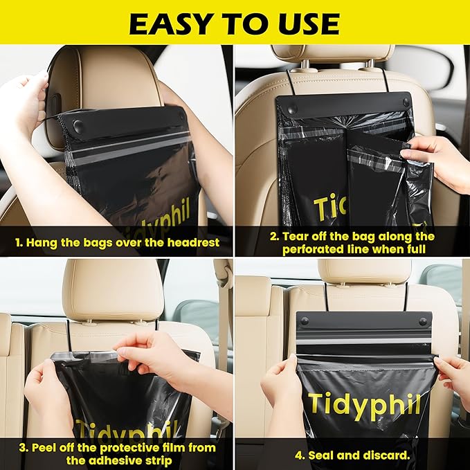 50 PCS Disposable Car Trash Bags Hanging, Leak-proof, Odor Seal. Strong Car Garbage Bags, 2 Gallon Big Capacity. Independent of Car Trash Can, Easy Stick-On Car trash Bin for Car, Stroller, Camping