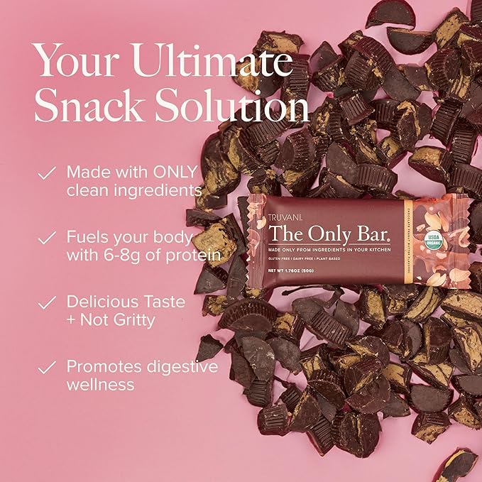 Truvani Plant Based Snack Bars | Chocolate Peanut Butter 12 Pack | 7g Protein | USDA Organic and Vegan | The Only Bar | Dairy, Soy, and Gluten Free | Individually Wrapped