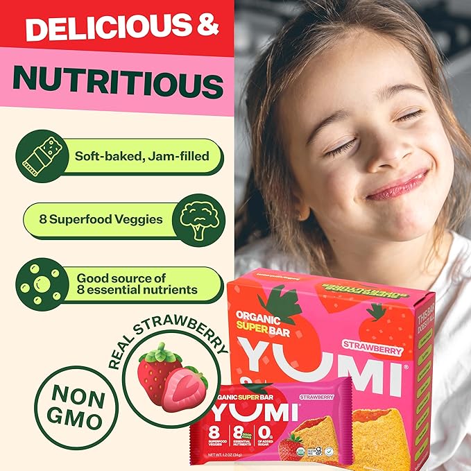 YUMI Organic Breakfast Superbar, Gluten-Free, No Added Sugar, 7+ Vegetables, Soft-Baked Crust, Healthy Snack Bars for Kids, School Safe, Healthy Alternative to Granola Bars or Cereal Bars, Strawberry (30ct)
