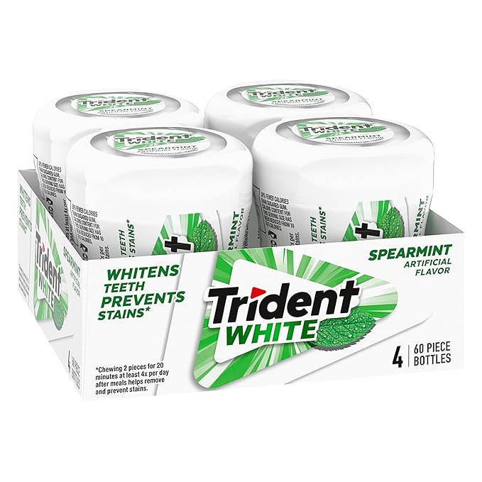 Trident White Spearmint Sugar Free Gum, 4 Bottles of 60 Pieces (240 Total Pieces) (Pack of 2)