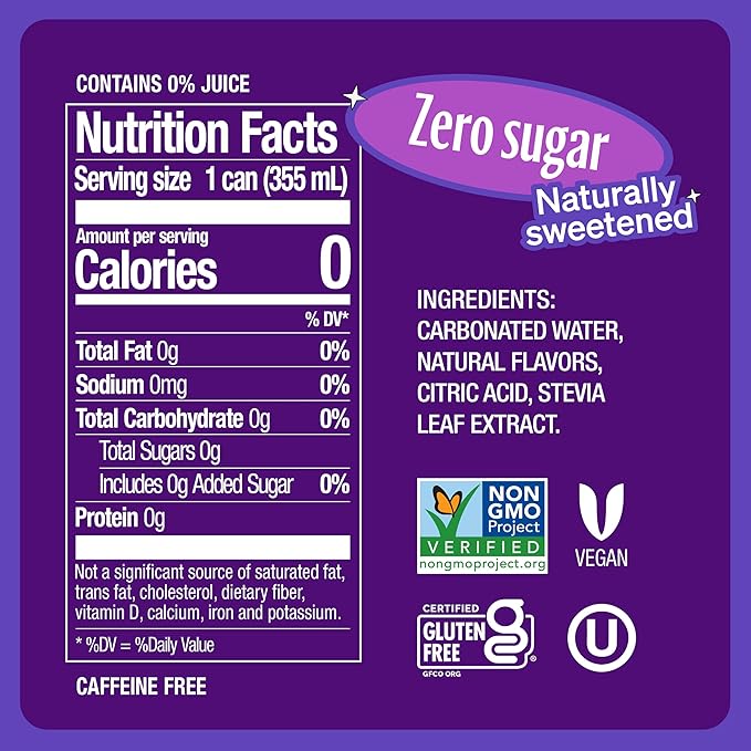 Zevia Zero Sugar Soda, Grape, 12 oz Cans (24-Pack) – Naturally Sweetened, Zero Calorie Sugar Free Soda - Non-GMO Project Verified, Gluten-Free, Vegan