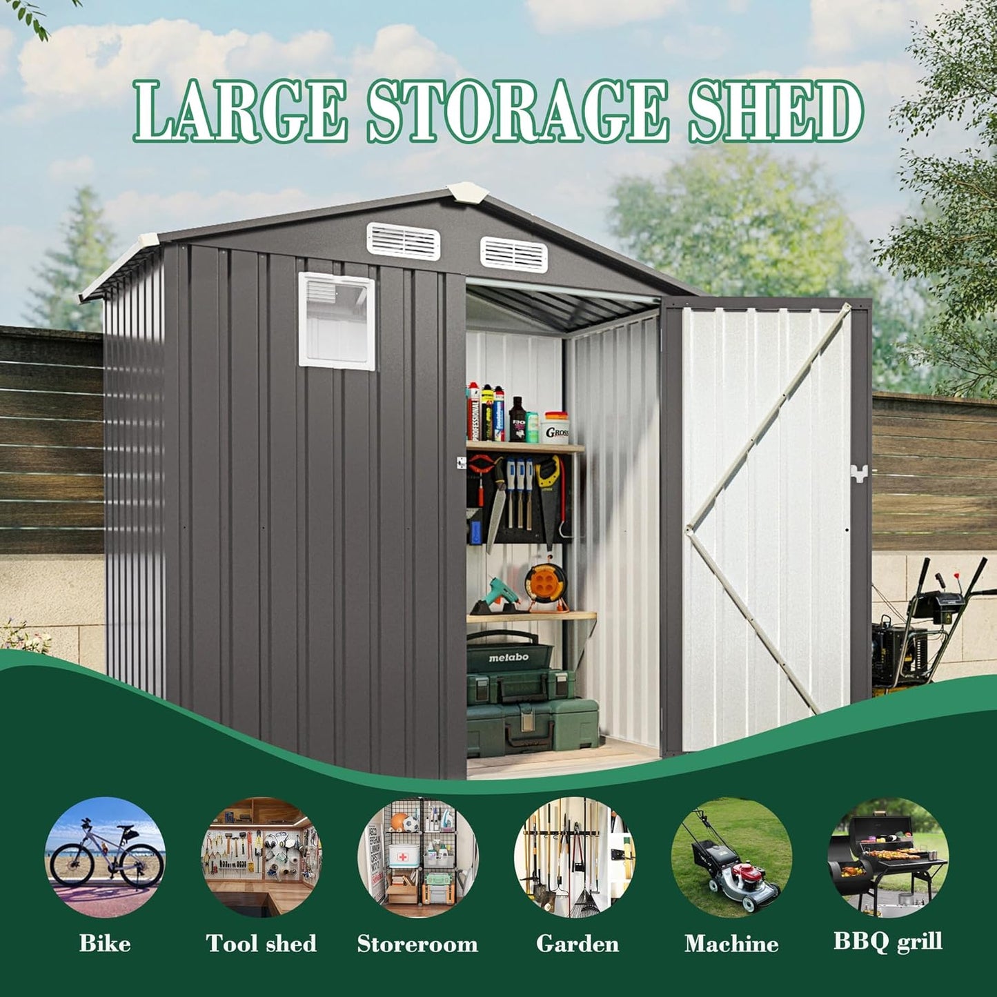 6x3.6FT Outdoor Storage Shed, Galvanized Steel Garden Shed with Lockable Door & Window, Waterproof Metal Tool Storage for Garden, Backyard, Patio, Lawn(Peak Roof)