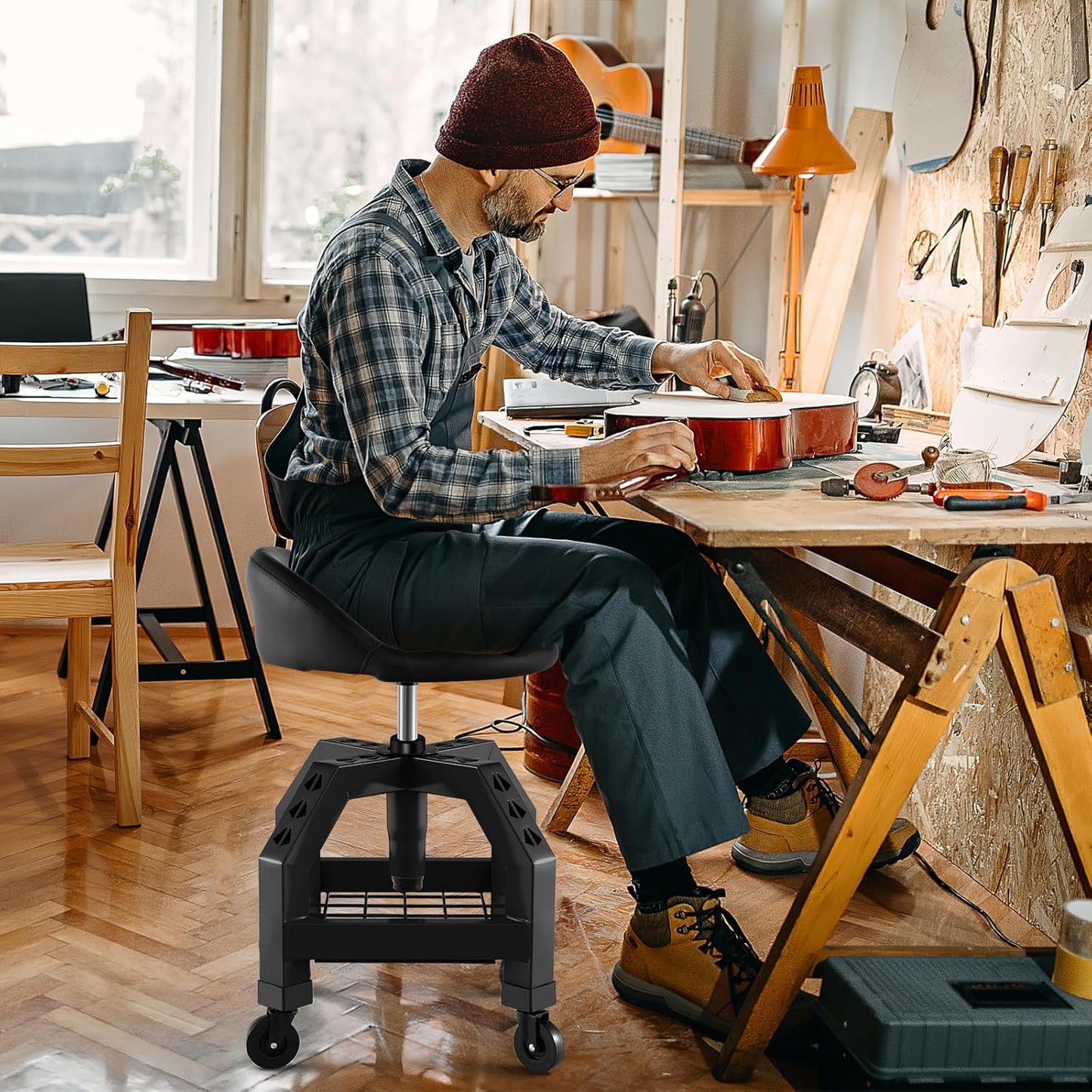 S AFSTAR Shop Stool with Wheels, Height Adjustable Garage Stool with 4 Universal Wheels & Tool Tray, 330 LBS Capacity, Heavy Duty Creeper Chair Seat Rolling Mechanic Stool for Garage Workshop (Black)