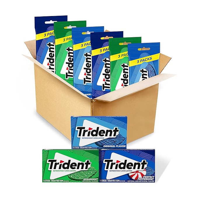 Trident Sugar-Free Chewing Gum Variety Pack Candy, Spearmint, Perfect Peppermint & Original Flavor, 18 Packs of 14 Pieces (252 Total Pieces)