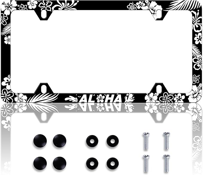 Aloha License Plate Frame Beautiful Hibiscus Flower License Plate Frames Personalise Stainless Steel Funny Design Compatible with Standard License Plate Holder for USA and Canada 6 X 12 with Screws