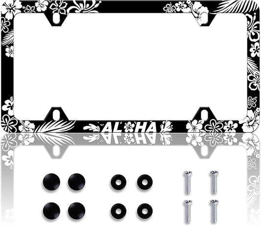 Aloha License Plate Frame Beautiful Hibiscus Flower License Plate Frames Personalise Stainless Steel Funny Design Compatible with Standard License Plate Holder for USA and Canada 6 X 12 with Screws