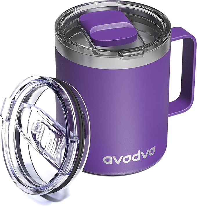 12oz Insulated Coffee Mug with Lid – Includes Two Lids, Stainless Steel Coffee Travel Mug with Handle, Double Wall Vacuum Insulated Camping Mug for Home, Office & Outdoor, Dark Purple