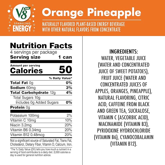 V8 +Energy Sparkling Orange Pineapple Juice Energy Drink, 11.5 fl oz Can (Pack of 16)