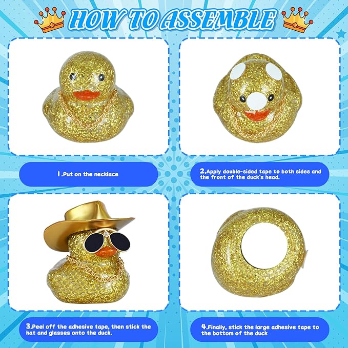 BOZILY Golden Cowboy Hat Rubber Duck with Sunglasses & Necklace - DIY Dashboard Decor, Squeaky Sound, Premium Rubber Car Accessory for Office Desk, Birthday Gift
