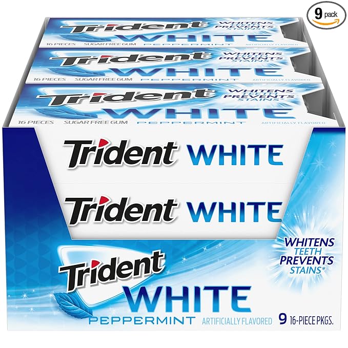 Trident White Peppermint Sugar-Free Chewing Gum, 9 Packs of 16 Pieces (144 Total Pieces)