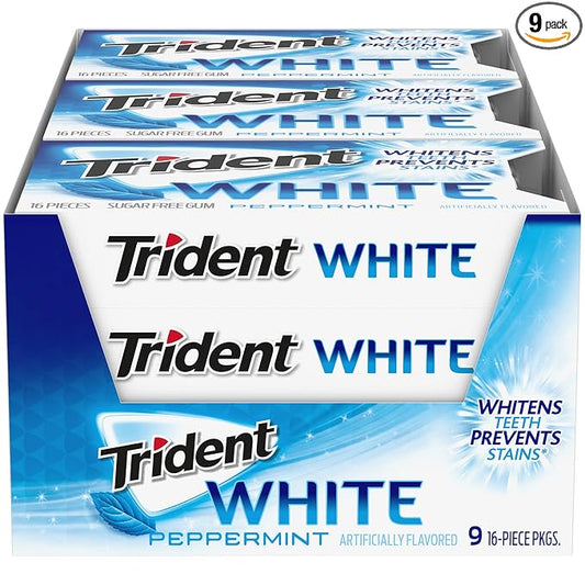 Trident White Peppermint Sugar-Free Chewing Gum, 9 Packs of 16 Pieces (144 Total Pieces)