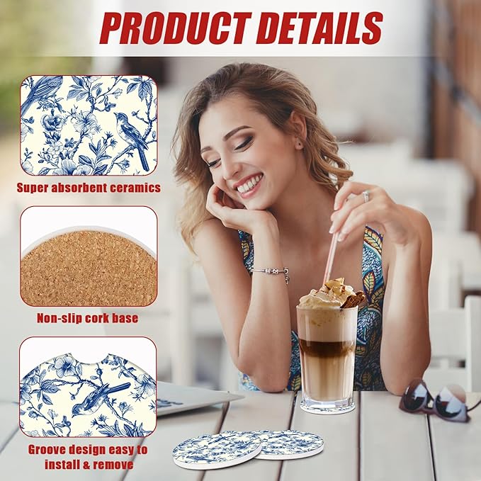 Blue Bird Floral Car Coasters for Cup Holders, Absorbent Ceramic Car Coaster Car Cup Holder Coaster Car Accessories for Women Men (2 Pack)