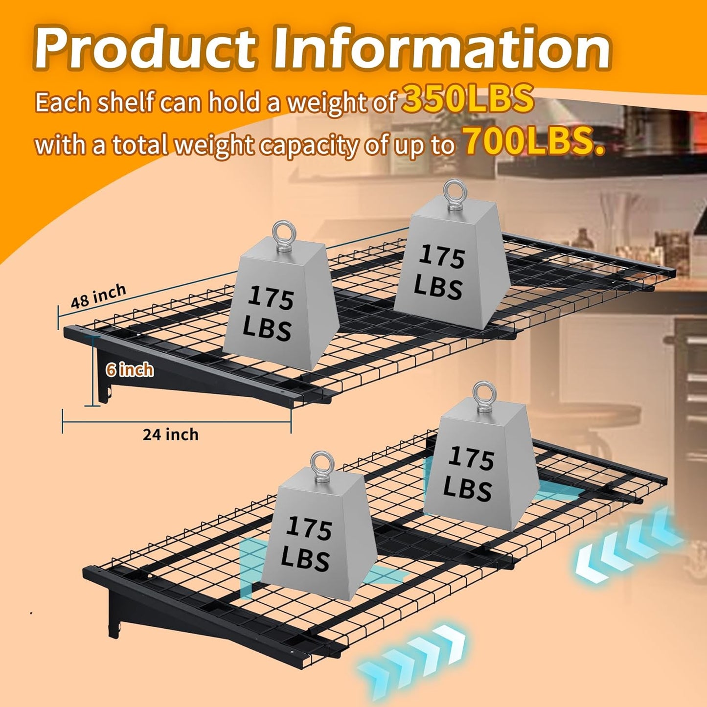 Garage Wall Shelving, 2-Pack 2 x 4ft Garage Storage Rack,Loads 700 lbs 24-inch-by-48-inch Heavy Duty Wall Shelves,24” x 48” Garage Wall Shelf,Black