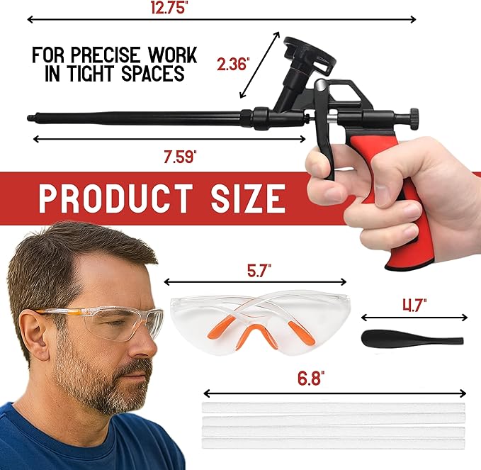 Heavy Duty Spray Foam Gun Kit – Red Insulation Foam Set with 2 Dispensing Guns 10 Nozzles Safety Glasses Removal Tools and Gloves Complete Expanding Dispensing Tool for Professional Use