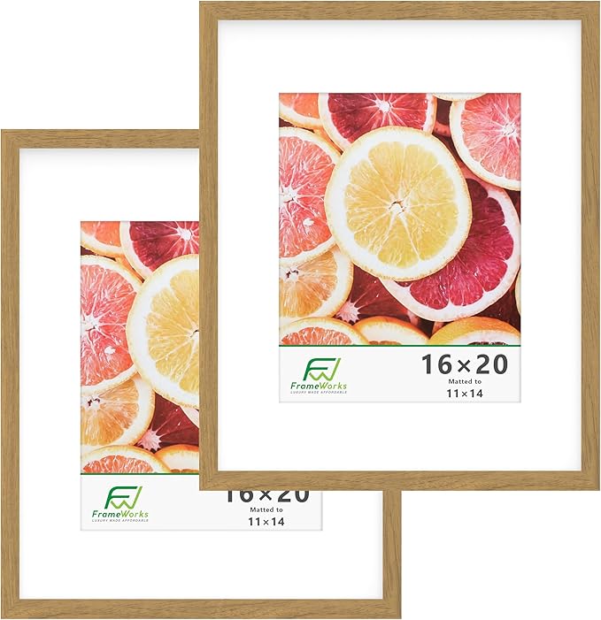 FrameWorks 2-Pack, 16x20 Matted to 11x14 Picture Frame, Golden Oak ??Classic Wooden Photo Frame with Tempered Glass, Modern Matte Finish for Prints, Posters, Certificates & Wall Decor ??Gallery-Ready