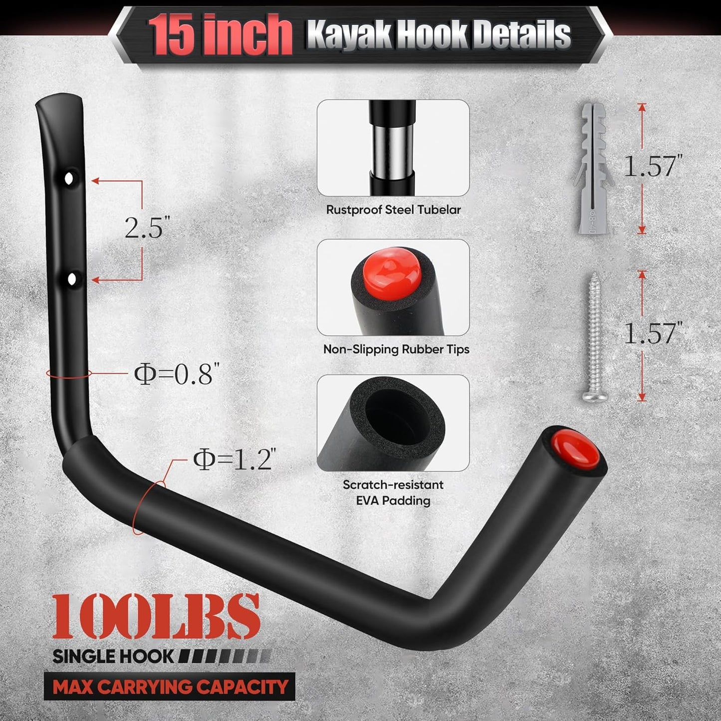 Nacial 12 Pack Garage Hooks Heavy Duty, 15" & 9.8" & 3.5" Kayak Storage Hook with EVA Pads, 100LBS Capacity Garage Hooks for Hanging Bikes, Kayak Folding Chairs and Hanging Ladders