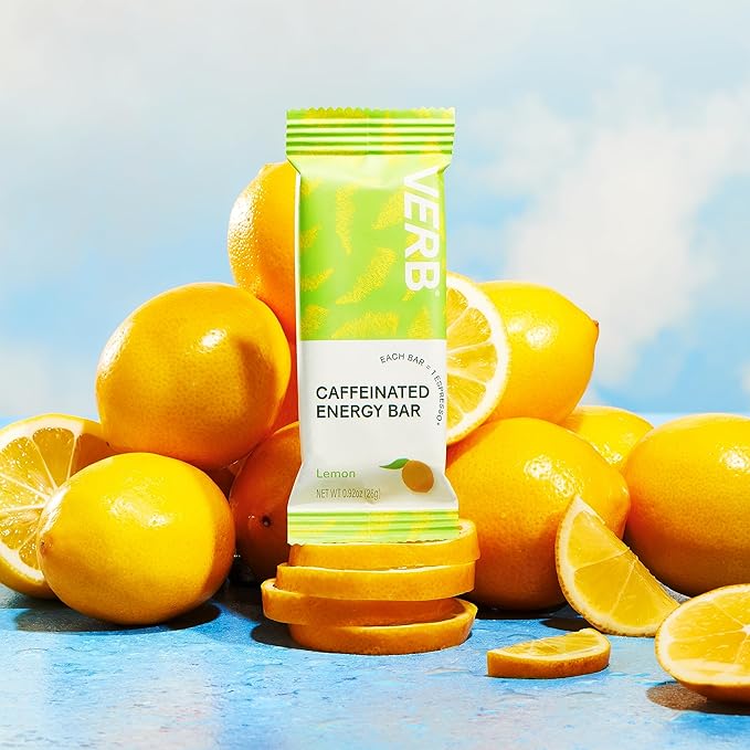 Verb Caffeinated Energy Bars Lemon (26g, Pack of 16) 110-Calorie Delicious Low Sugar Energy Bar - Vegan Gluten Free On-the Go Snack with 80mg Green Tea Caffeine, Only Real-Food Ingredients