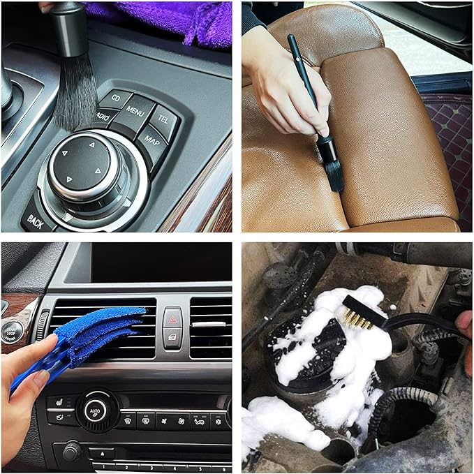 9pcs Auto Car Detailing Brush Set/ Interior Cleaning Kit Includes 5 Soft Premium Detail Brush, 3 Wire Brush & 1 Vent Cleaning Brush for Cleaning Interior, Dashboard, Engines, Leather, Wheel