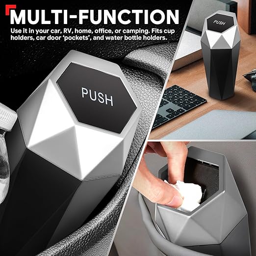 DNA MOTORING 2PCS Mini Car Auto Trash Can with Removable Lid, Leakproof Mini Garbage Bin for Automotive Home Office,Black/Silver,Set of 2,ZTL-OD-01-SL