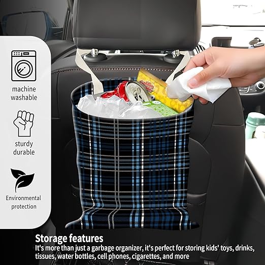 Car Garbage Can, Seat Back Hanging Cute Car Trash Can Bag, Car Organizer and Storage Bag for Travelling, Outdoor Luxury Blue Black Plaid