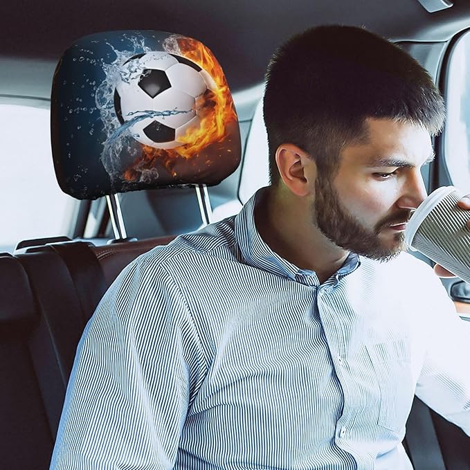 Dujiea 2 Pack Fire Water Soccer Lover Headrest Covers, Universal Soft Car Seat Head Rest Protectors, Vehicle Accessories Fabric Headrest Cover for Cars Vans Trucks