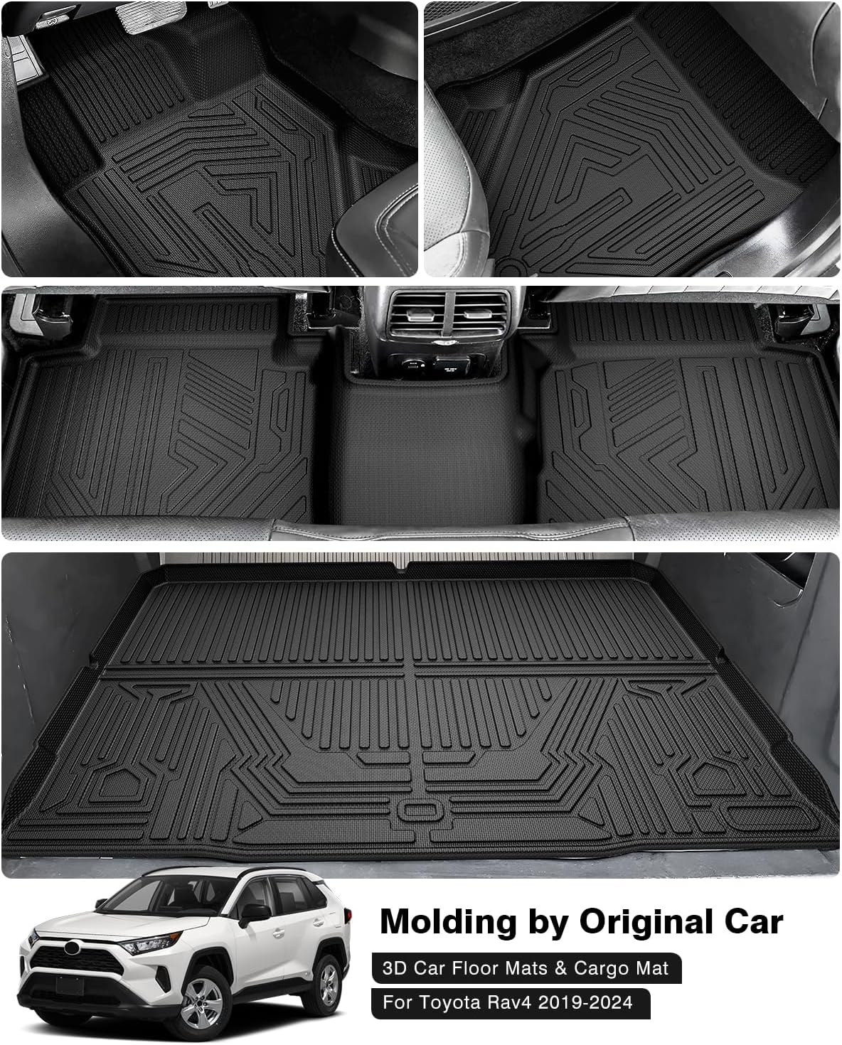 Powerty Floor Mats & Cargo Liner for 2019-2024 2025 Toyota RAV4 Accessories Floor Mats 2 Row Liner Set All Weather TPE 3D Floor Liners&Rear Cargo Mat