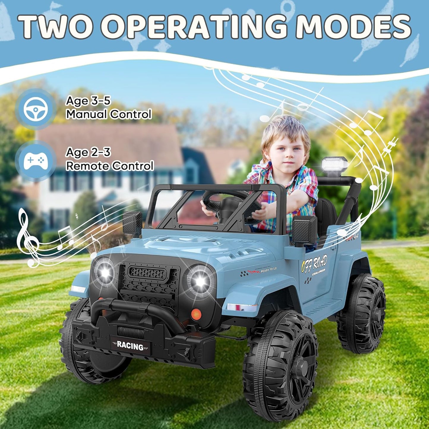 12V Ride On Truck Car with Remote Control, Kids Electric Vehicles with Bluetooth Music, Horn, 3 Speeds, 4 LED Lights, Soft Start, Ride-on Toy for Toddler Boys & Girls (Blue)