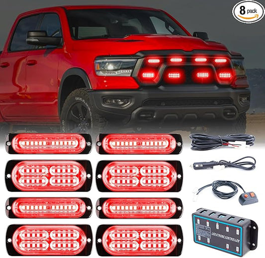 8pcs Sync Feature Emergency Strobe Grille Lights LED Ultra Slim Surface Mount Flashing Hazard Warning Light Bar with Controller for Firefighter/Construction/Trucks/Vehicles/Car (Red)