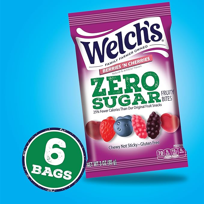 Welch's Zero Sugar Fruity Bites, Berries 'n Cherries Snack Box, Gluten Free & Sugar Free Snacks, 3oz Snack Packs (Pack of 6)