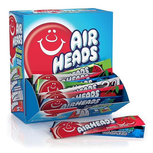 Airheads Candy Bars, Variety Bulk Box, Chewy Full Size Fruit Taffy, Gifts, Holiday, Parties, Concessions, Pantry, Non-Melting, Party, 60 Individually Wrapped Full Size Bars