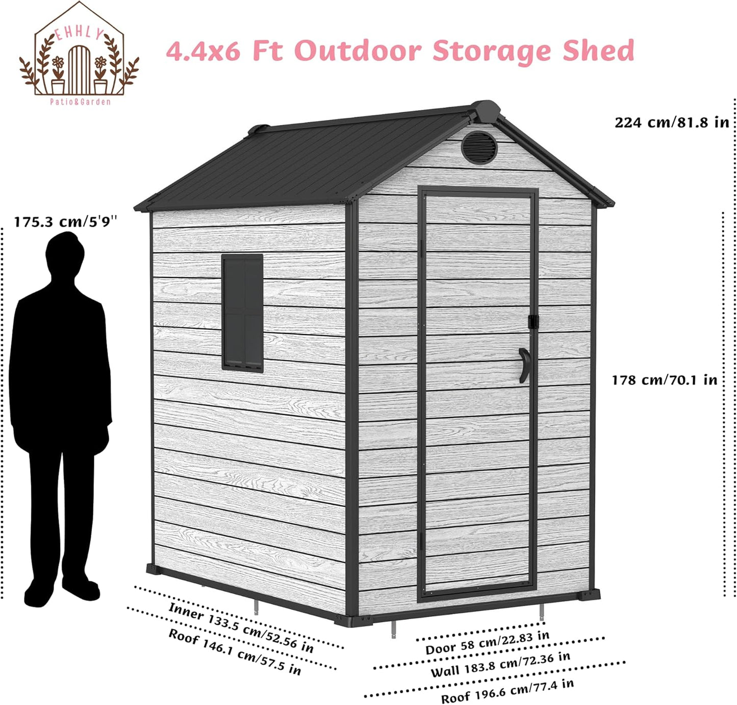 4.4x6 FT Resin Outdoor Storage Shed Large, 230 Cuft Garden Tool Sheds & Outdoor Storage Plastic Shed with Floor, 7FT Tall Backyard Outside Lawn Mower Storage Shed with Side Window, Cemented Grey