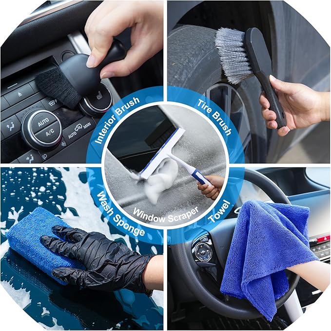 AUTODECO 28Pcs Car Detailing Kit Wash Cleaning Kits with Pump Foam Sprayer Windshield Cleaning Tool Wash Brush Large Wash Mitt Towels Complete Interior Exterior Car Detailing Supply Set Blue